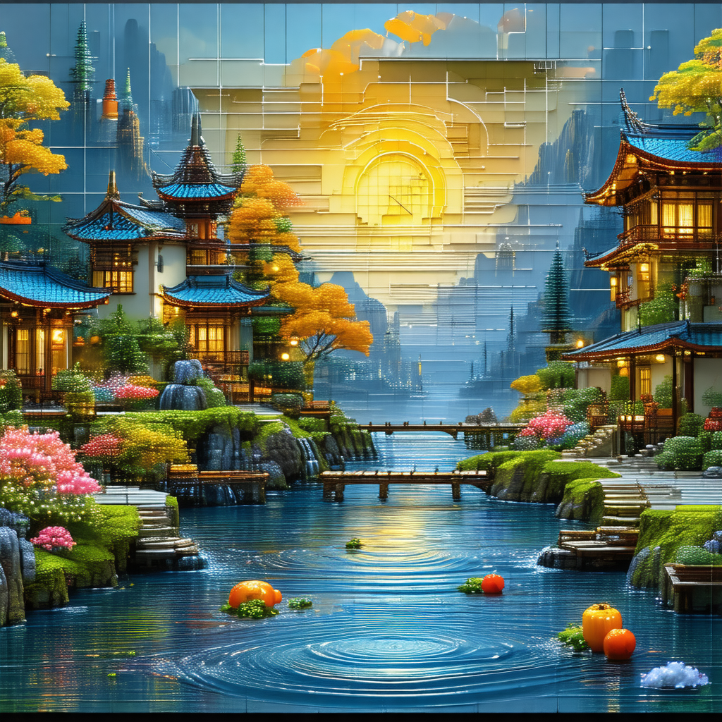 Beautifully drawn painting of a peaceful village situated...