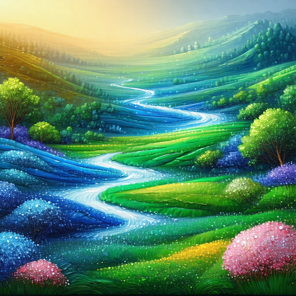 Painting of a beautiful landscape featuring a river flowi...