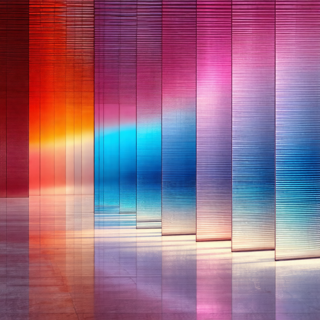 Long row of colorful, vertical blinds