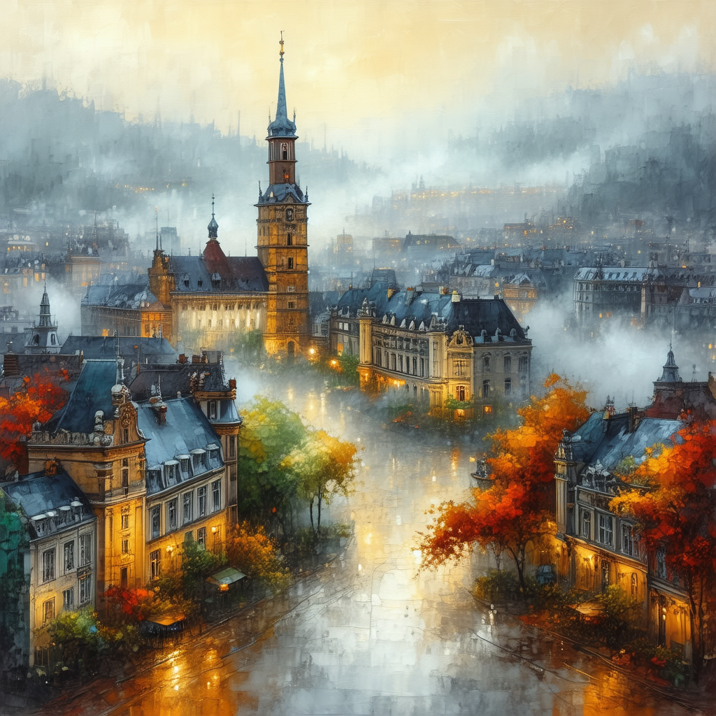 Painting of a city at night, with a large church tower to...