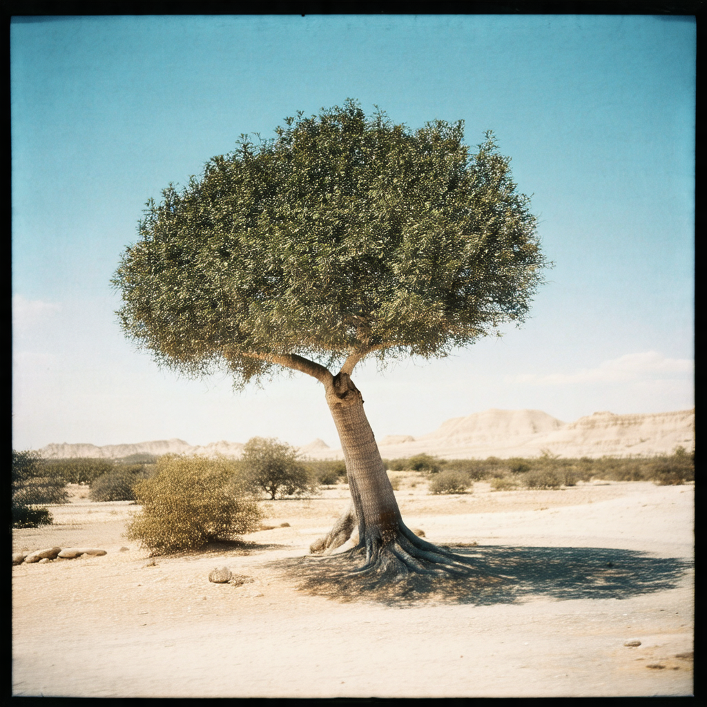 Large tree with a single trunk, standing in a desert-like...