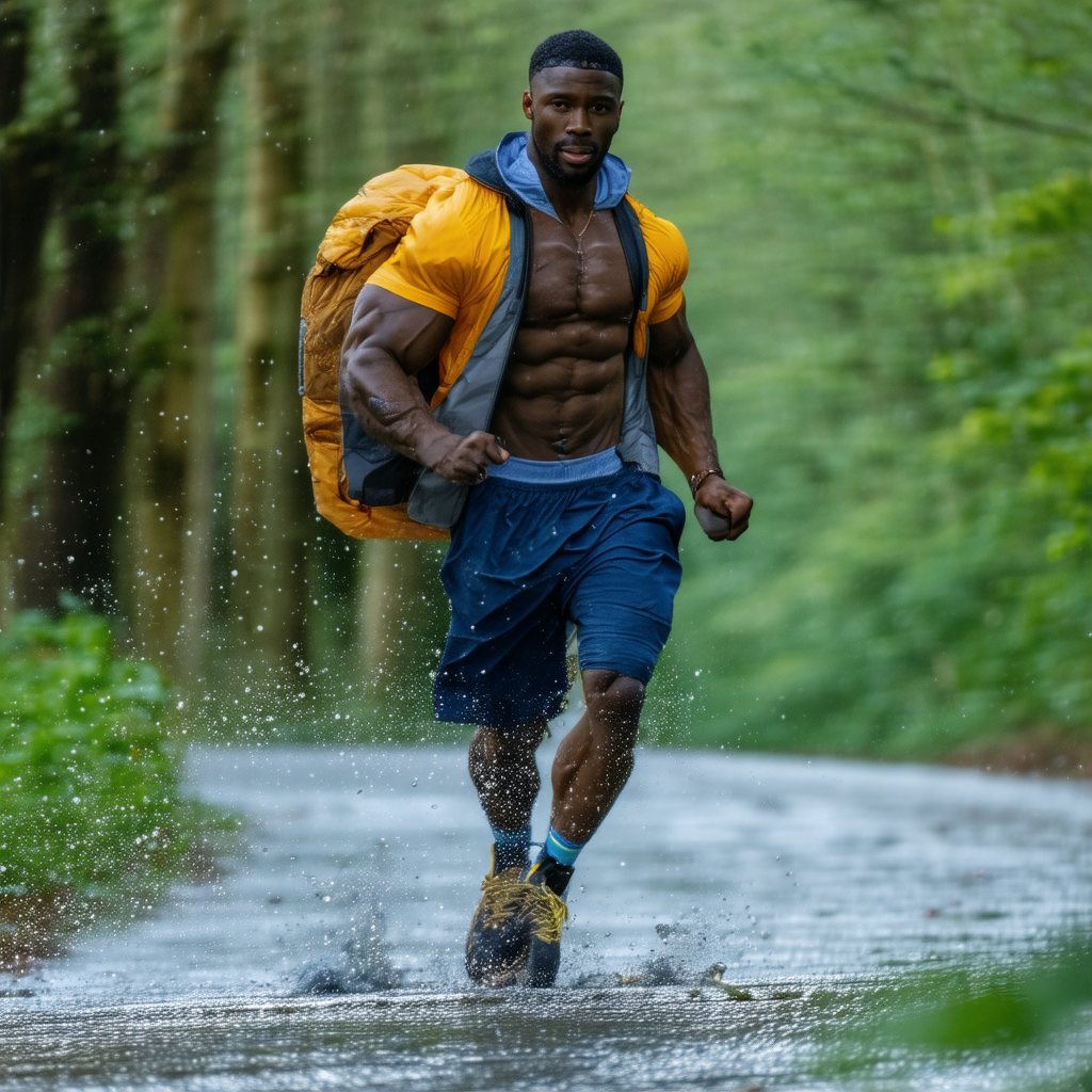 Man wearing a yellow jacket and blue shorts, running thro...