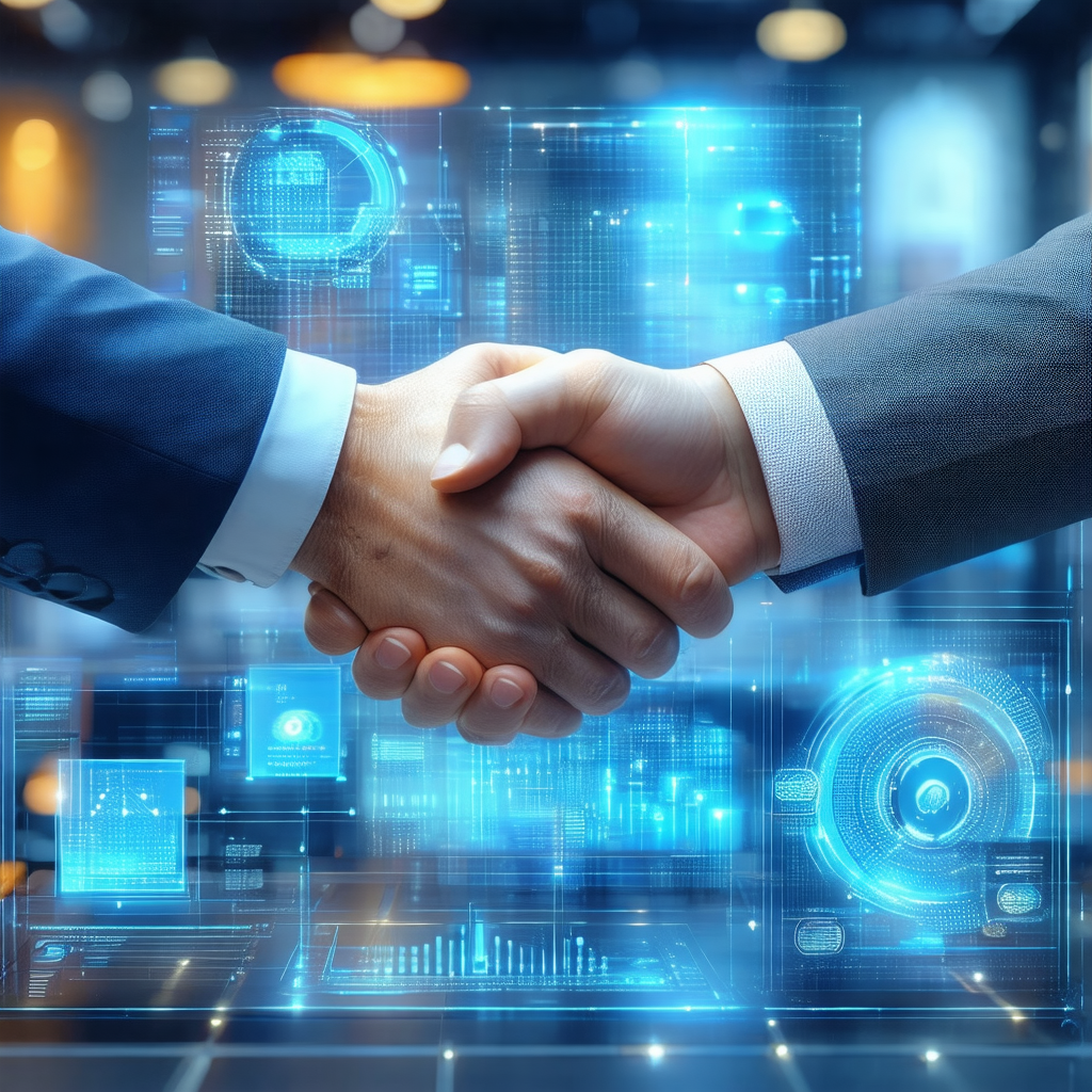 Two men shaking hands in a room with a blue background