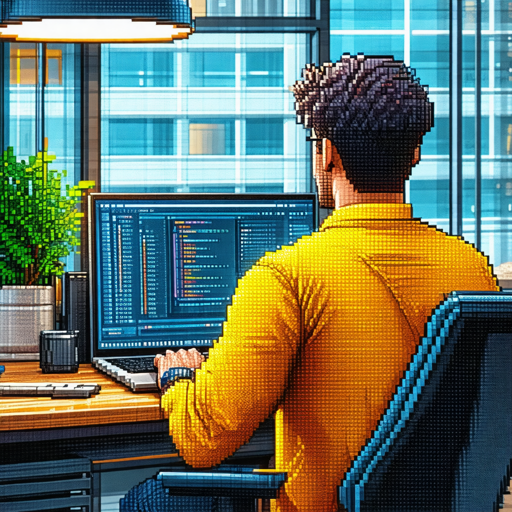 Cartoon-like drawing of a man sitting at a desk, working ...