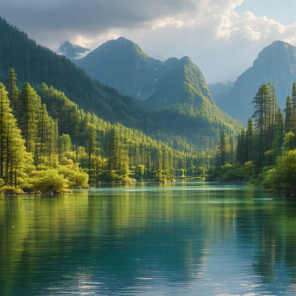 Serene mountain lake surrounded by lush green trees