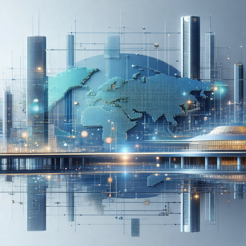 Futuristic cityscape with a large, blue, three-dimensiona...