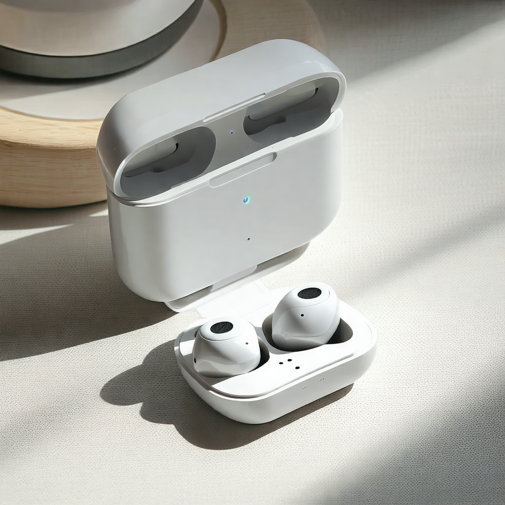 White earbud case with two earbuds inside