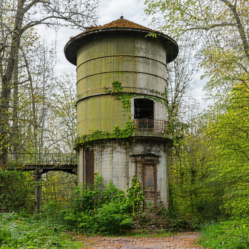 Large, old, and rusty water tower situated in a forest
