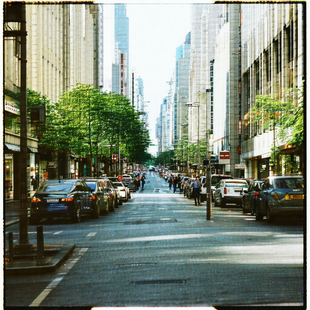 Busy city street filled with cars and people
