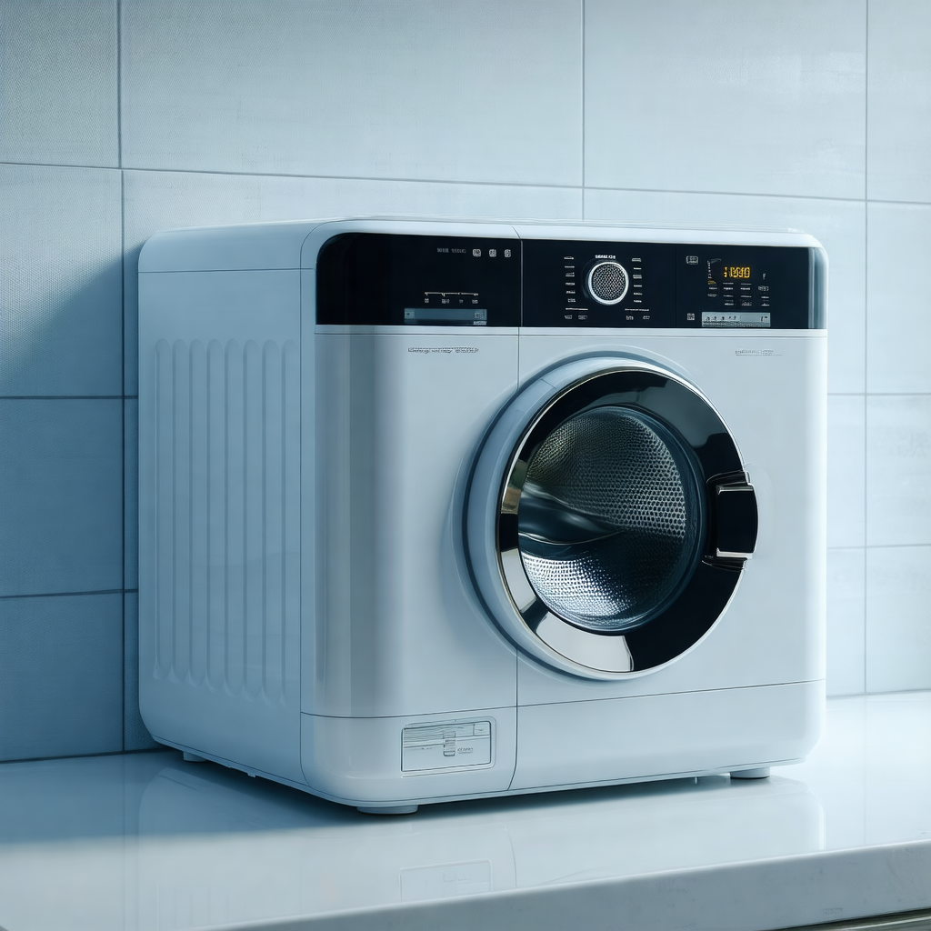 White washing machine sitting on a countertop