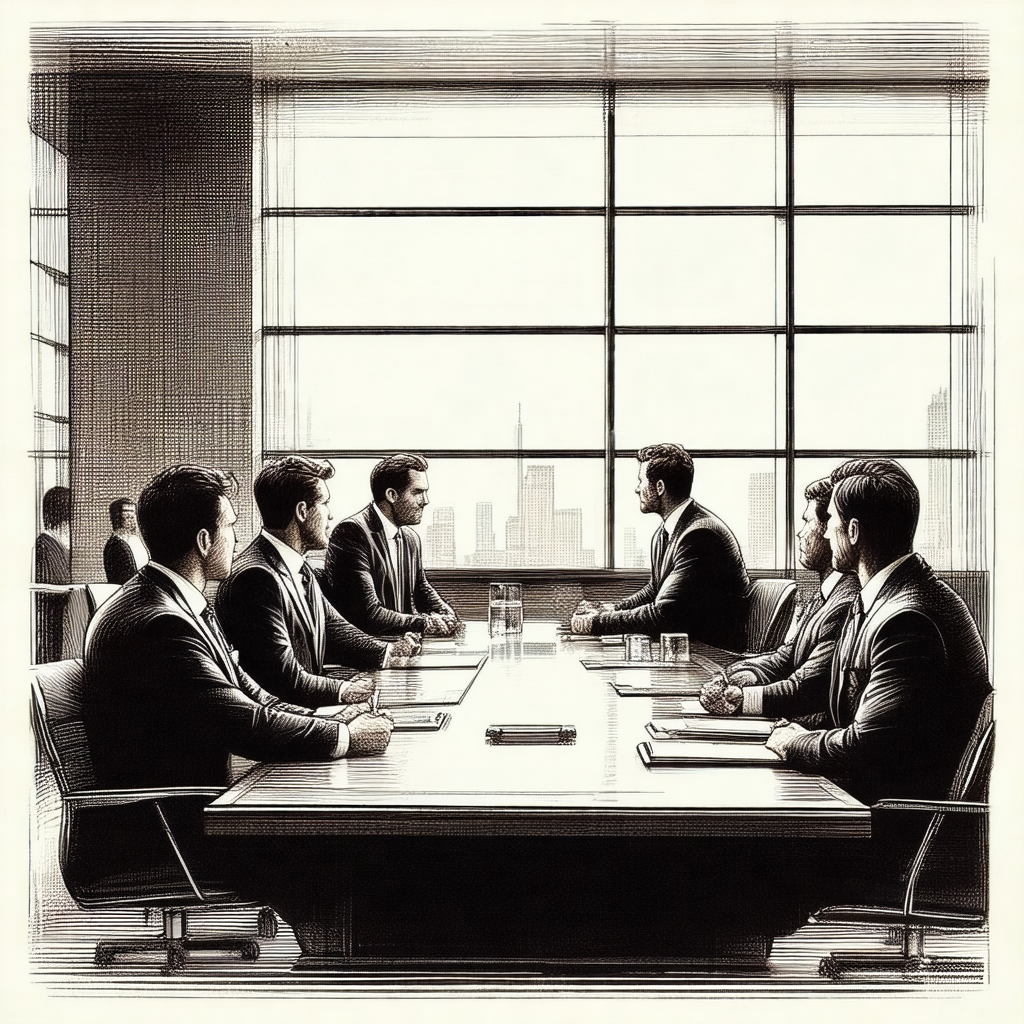 Black and white drawing of a group of men sitting around ...