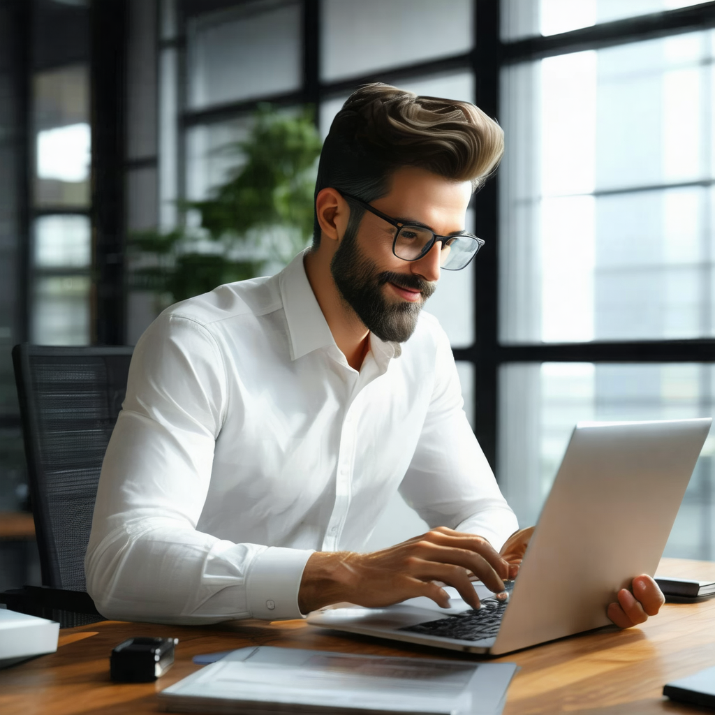 Man sitting at a desk, working on a laptop computer