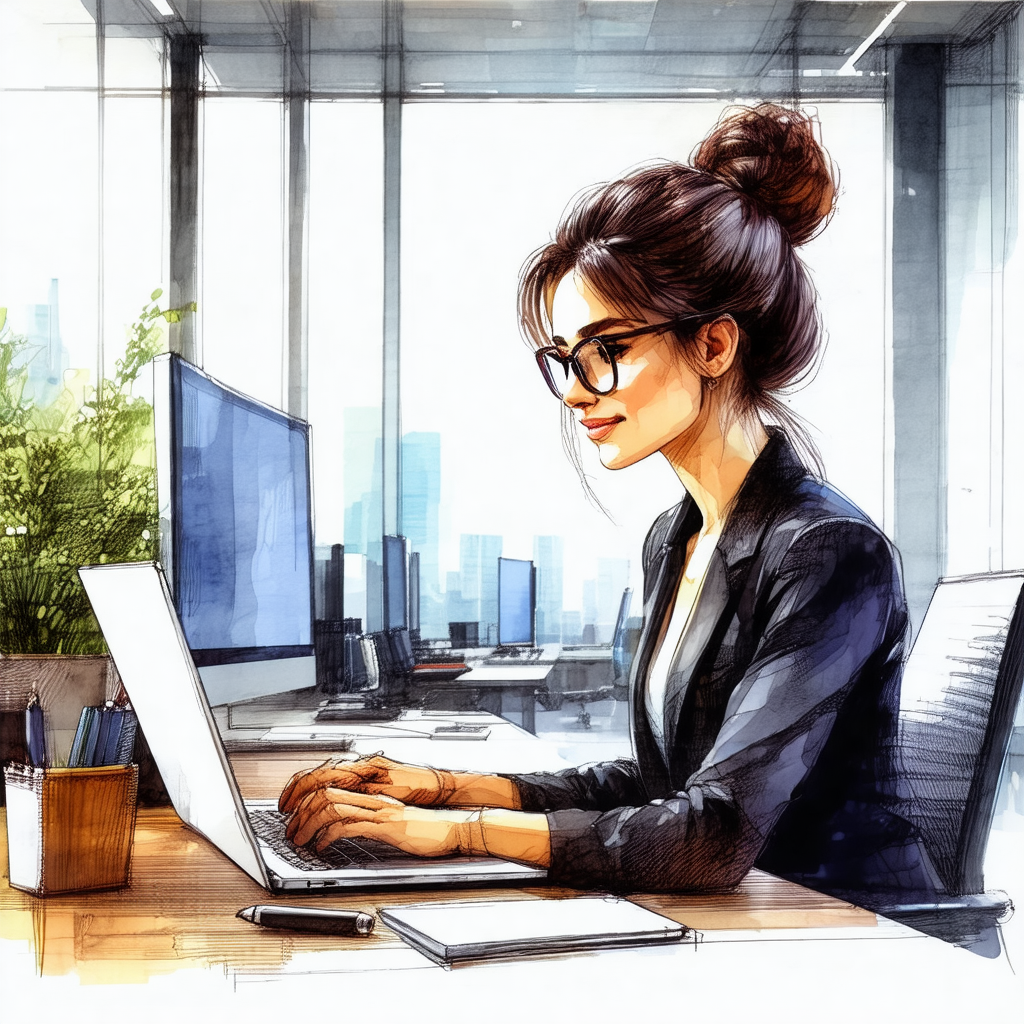 Colorful drawing of a woman sitting at a desk, working on...