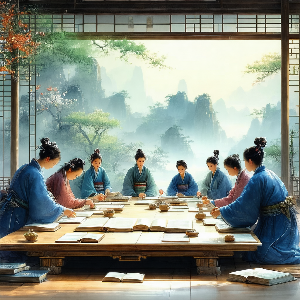 Group of women sitting around a wooden dining table, enga...