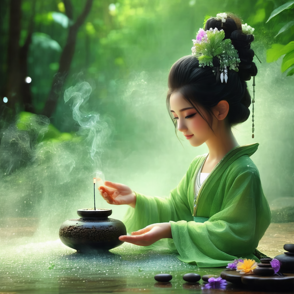 Young woman dressed in a green outfit, sitting on the gro...