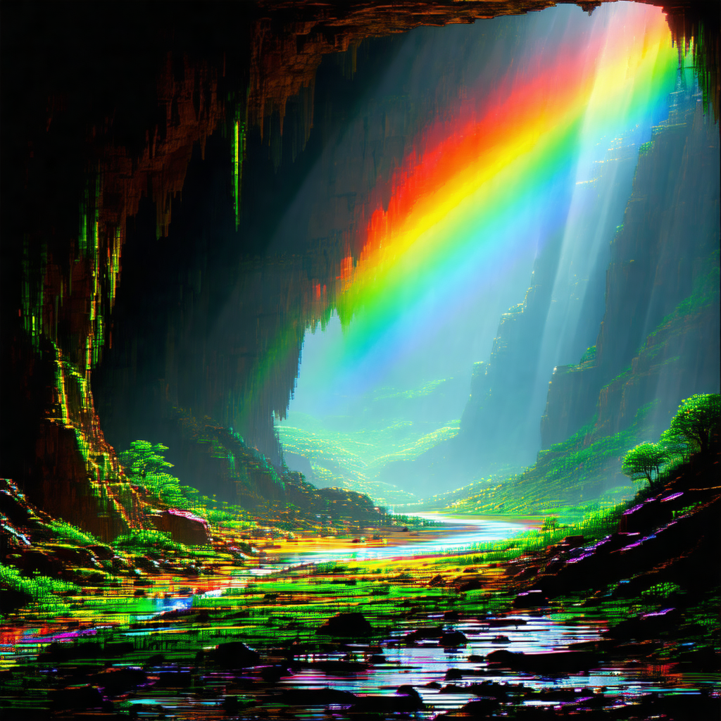 Digital painting of a rainbow-colored waterfall, with a c...