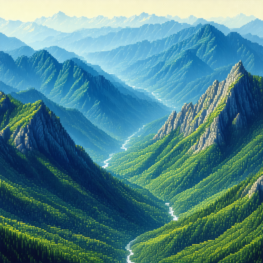 Beautifully drawn painting of a mountain range with a riv...