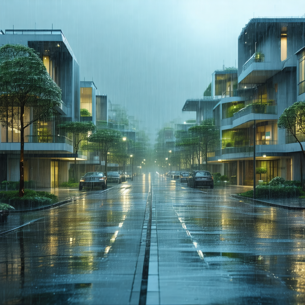 Rainy night in a city, with a long street filled with cars