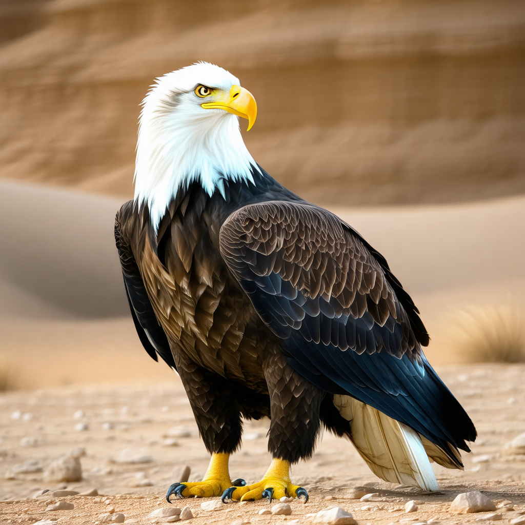 Bald eagle standing on a rocky surface, possibly a desert...