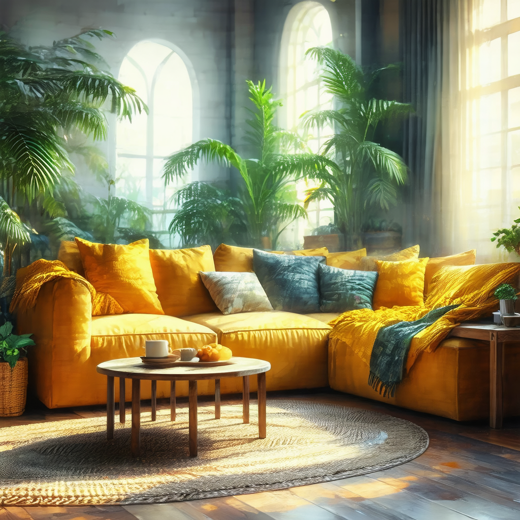 3d rendering of a living room with a yellow couch and a c...