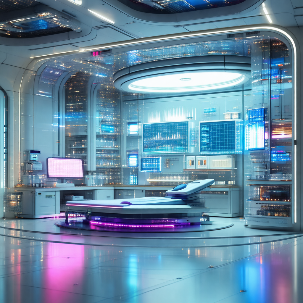 Futuristic medical room with a large bed in the center