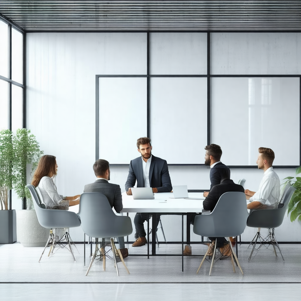 Group of people sitting around a conference table in a mo...