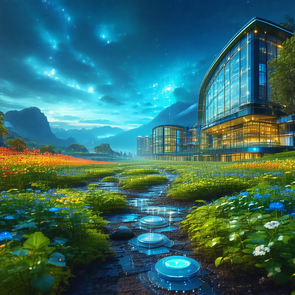 Large building with a blue roof, surrounded by a beautifu...