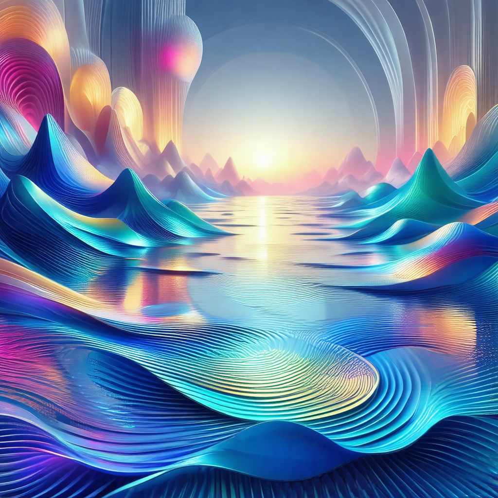 Vibrant and colorful painting of a body of water, featuri...