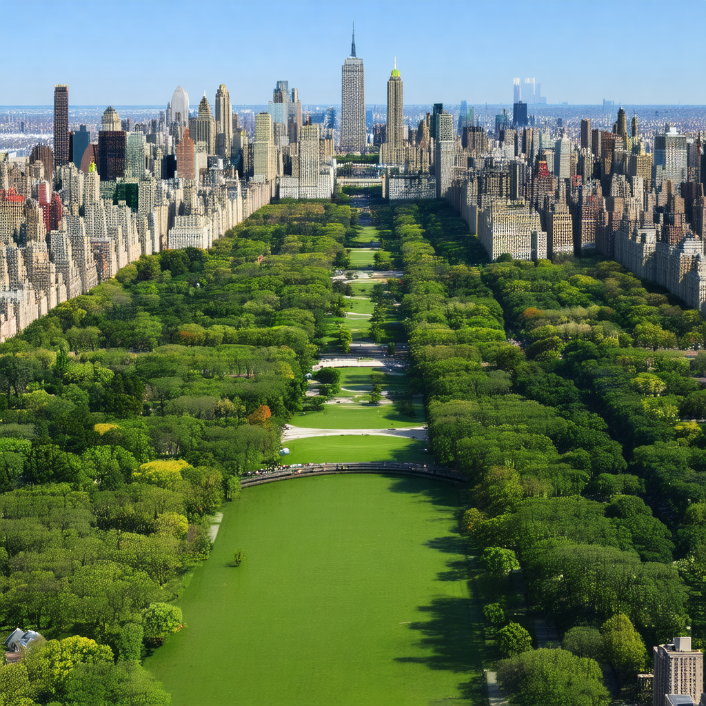 Panoramic view of a large city, showcasing a lush green p...