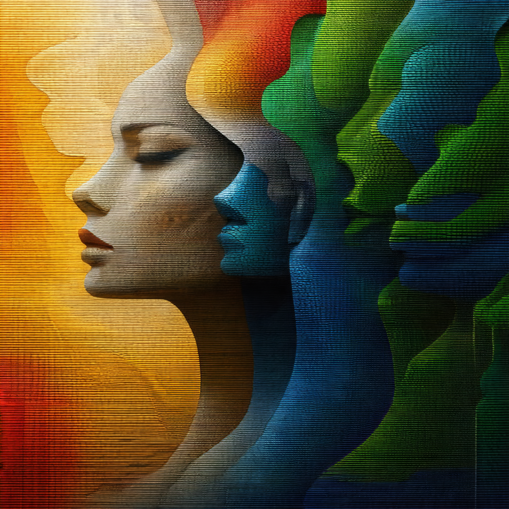 Painting of three faces, each with a different color