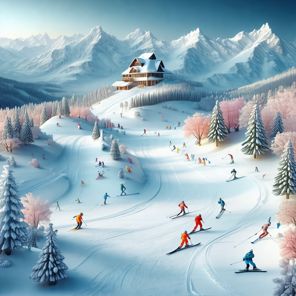 Snowy mountain slope with a group of people skiing down t...