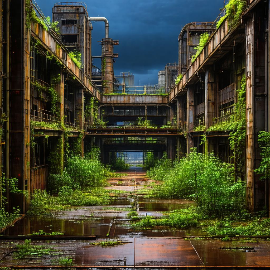 Large, abandoned building with a green roof, surrounded b...