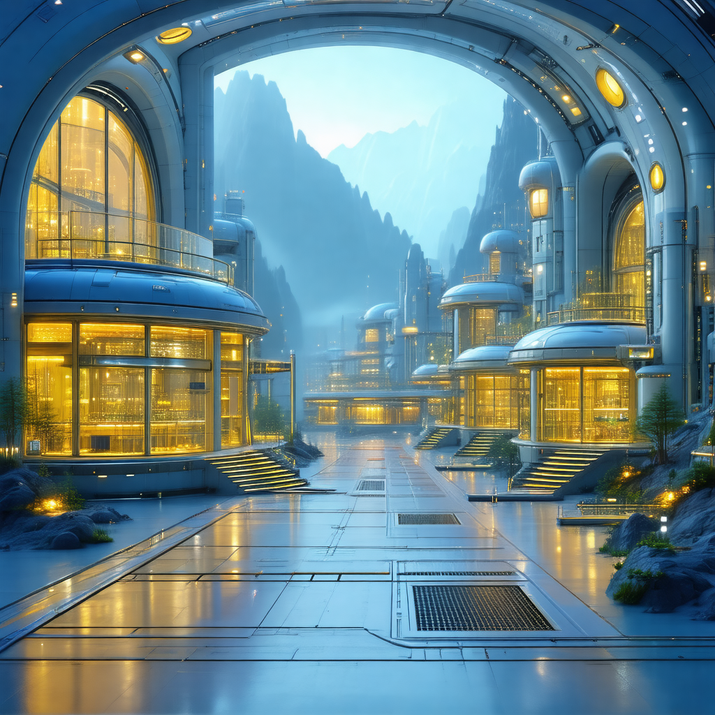 Futuristic cityscape with a large building in the center