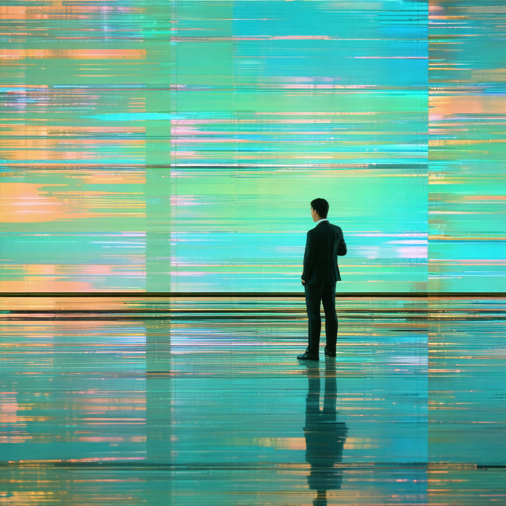 Man standing in a room with a large, colorful display of ...