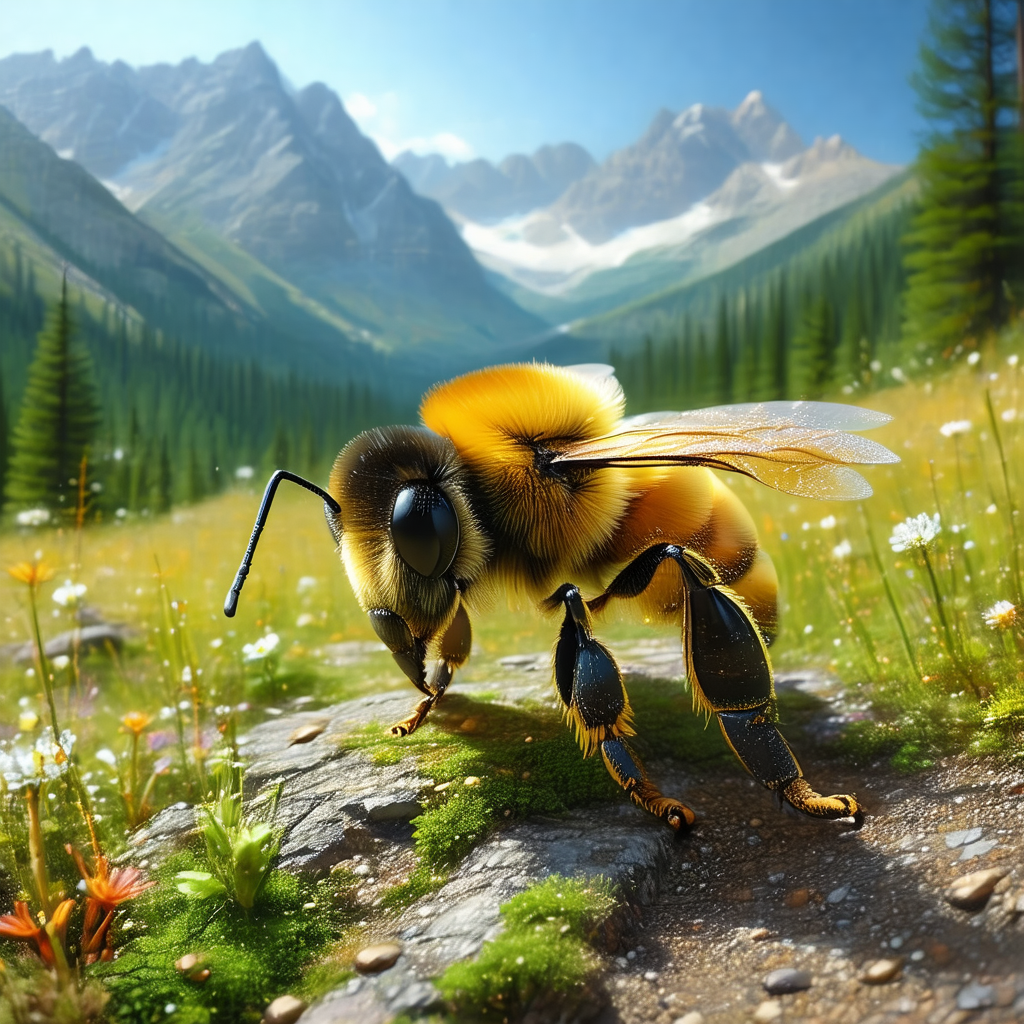 Large yellow and black bee standing on a rock in a grassy...