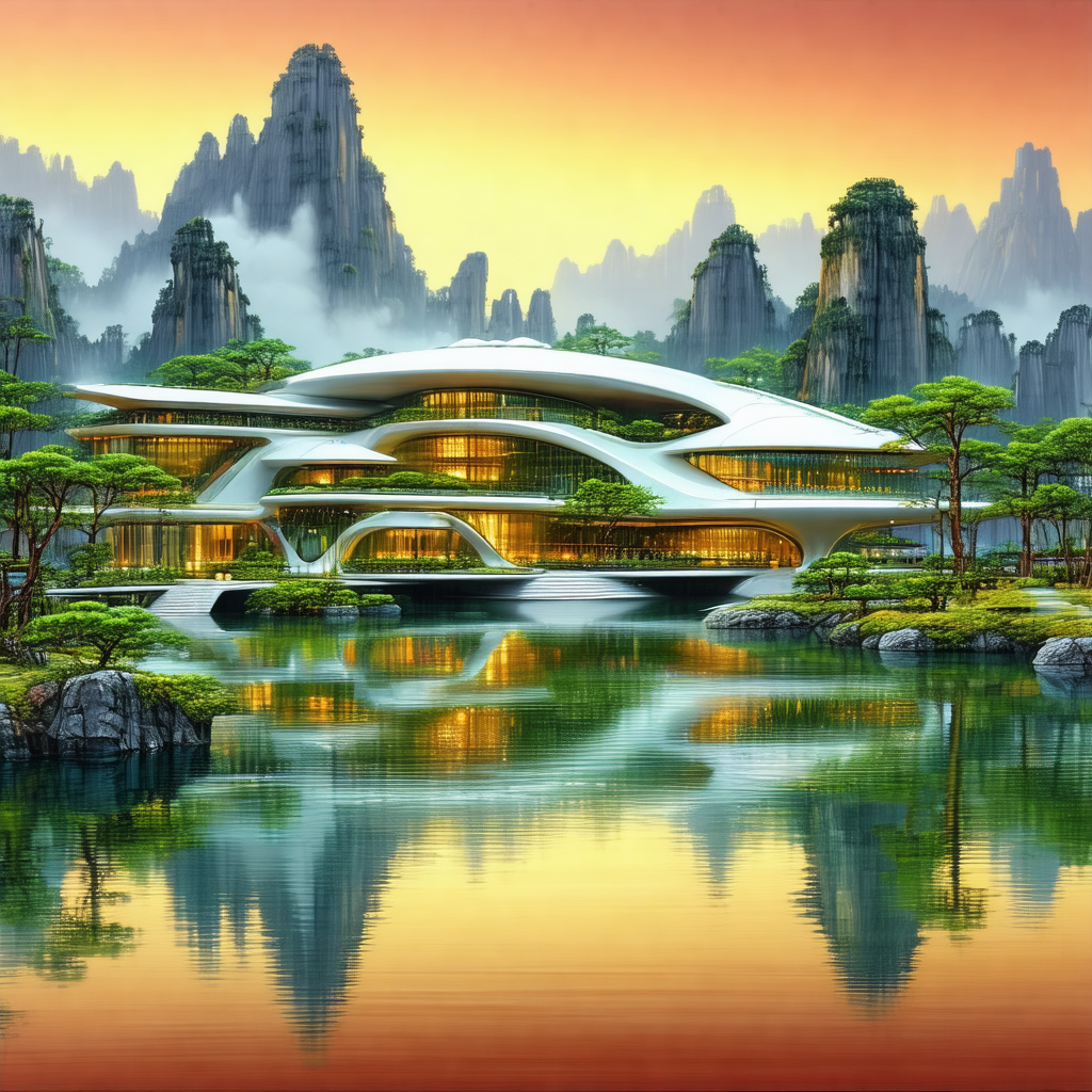 Large, modern-looking building situated on a lake