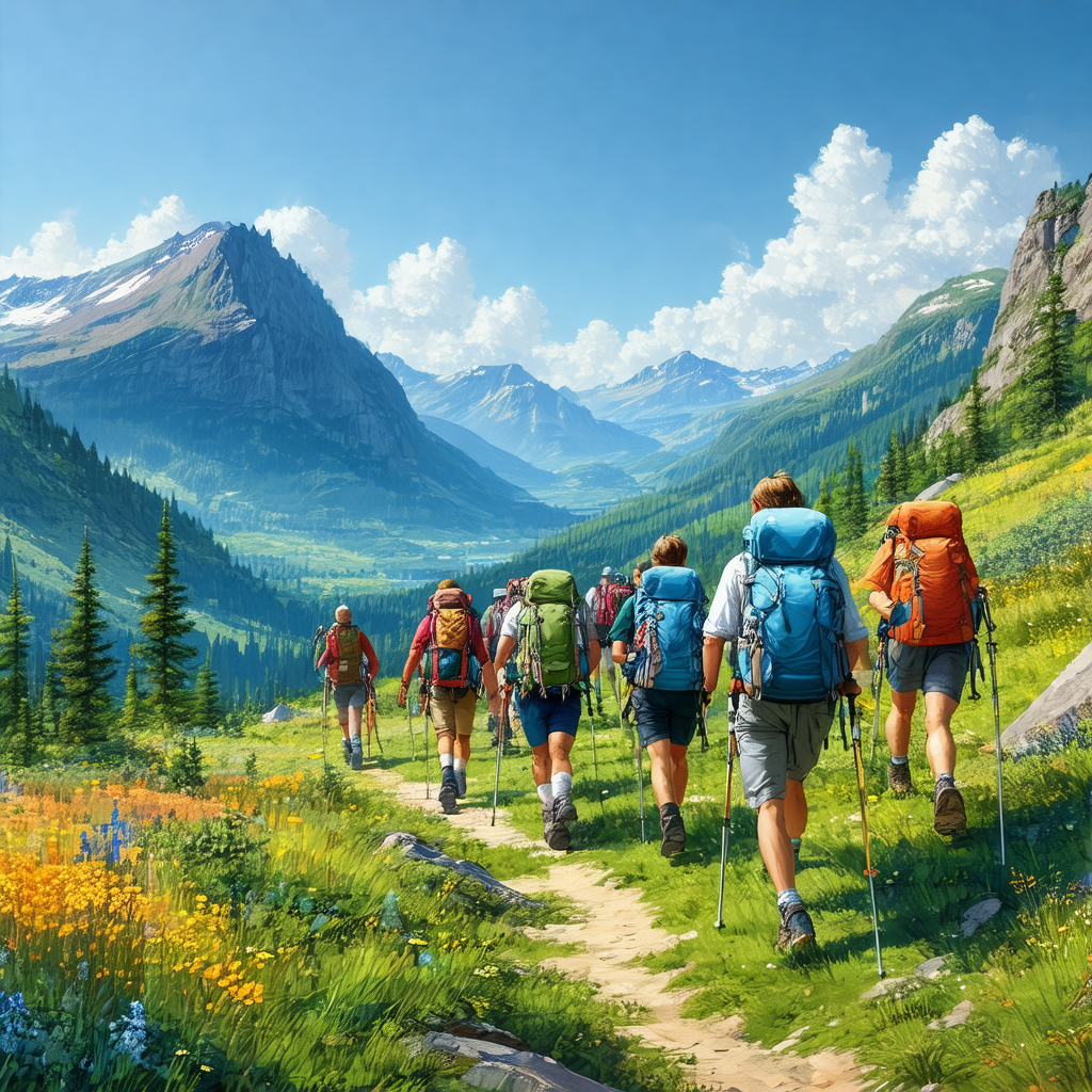 Group of people hiking up a mountain, each carrying a bac...