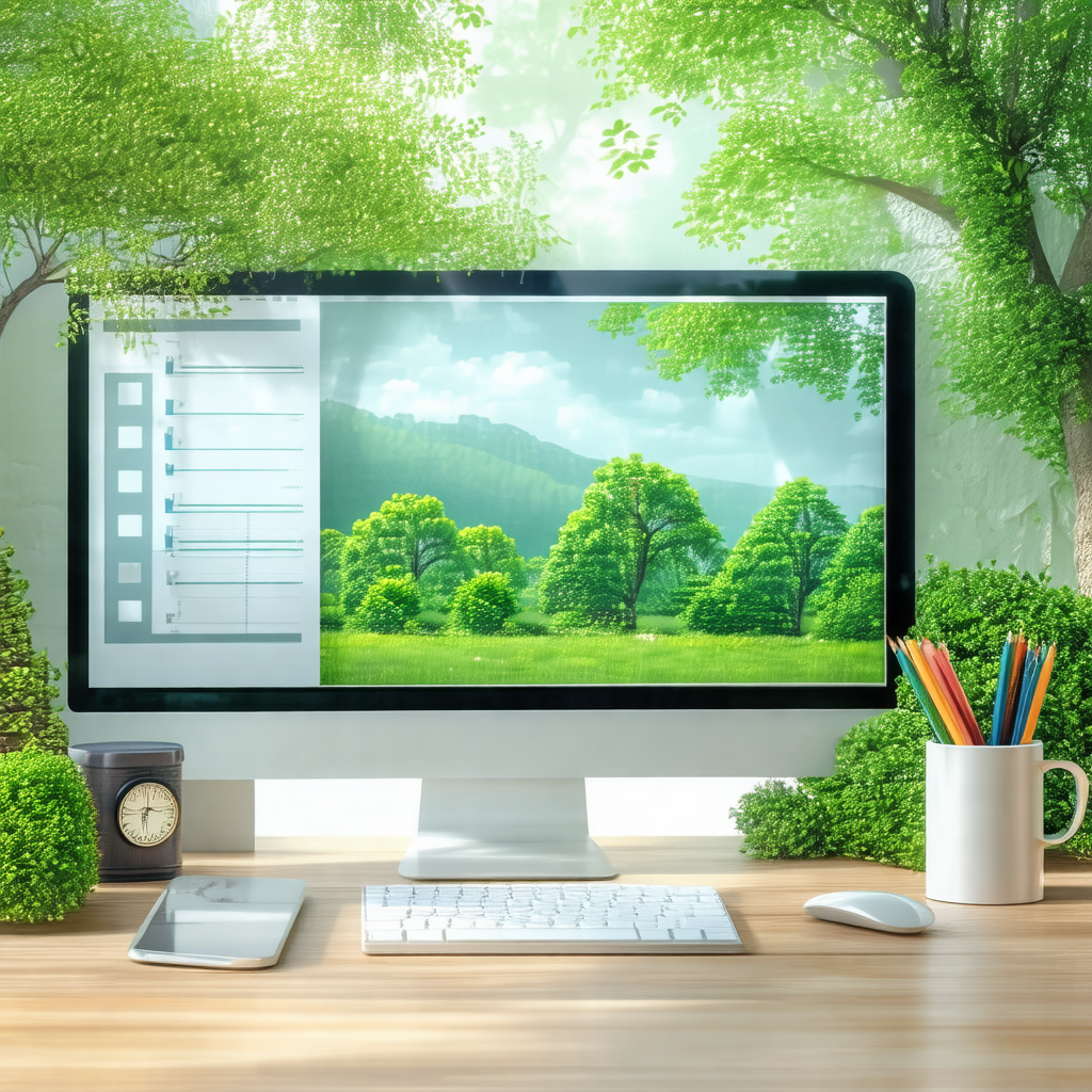 Computer monitor sitting on a desk, surrounded by various...