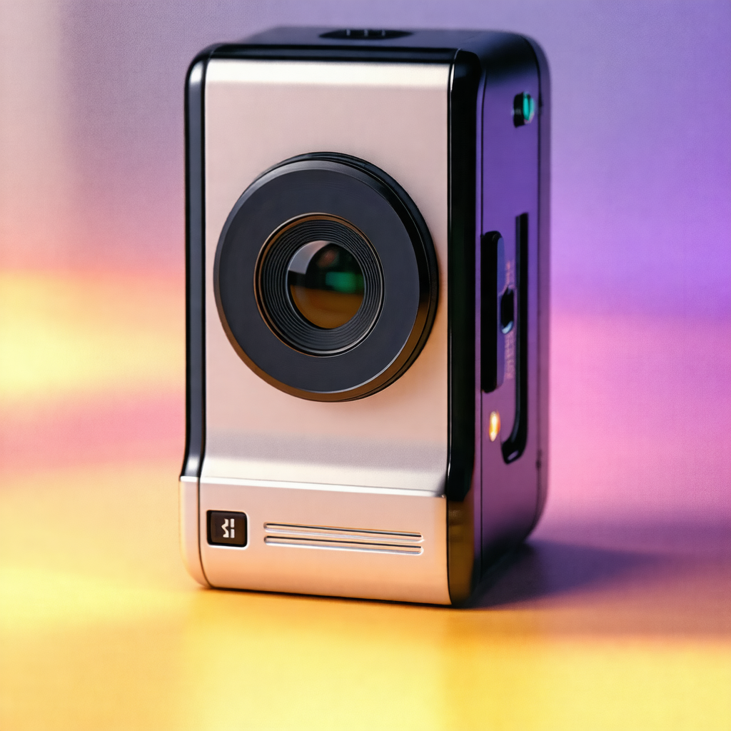 Small silver camera sitting on a table