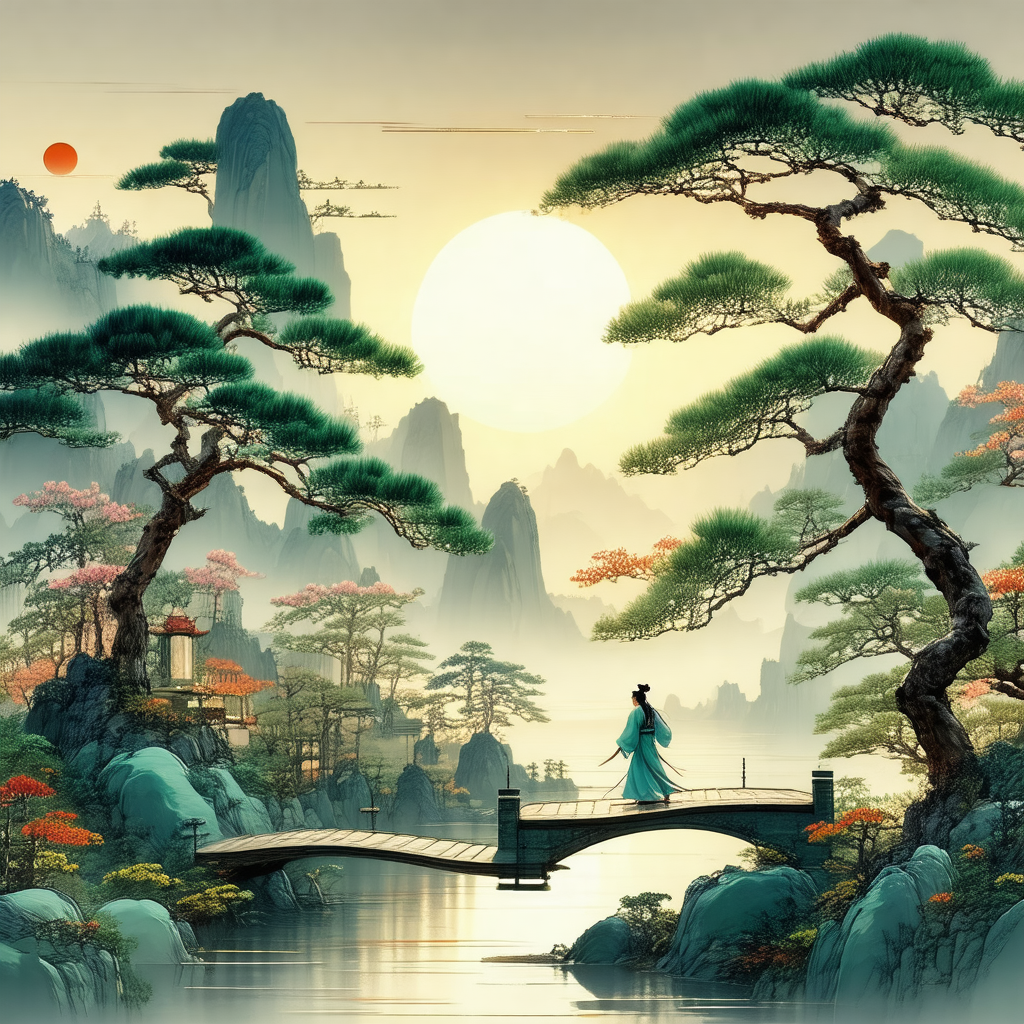 Serene scene of a woman walking across a bridge over a river
