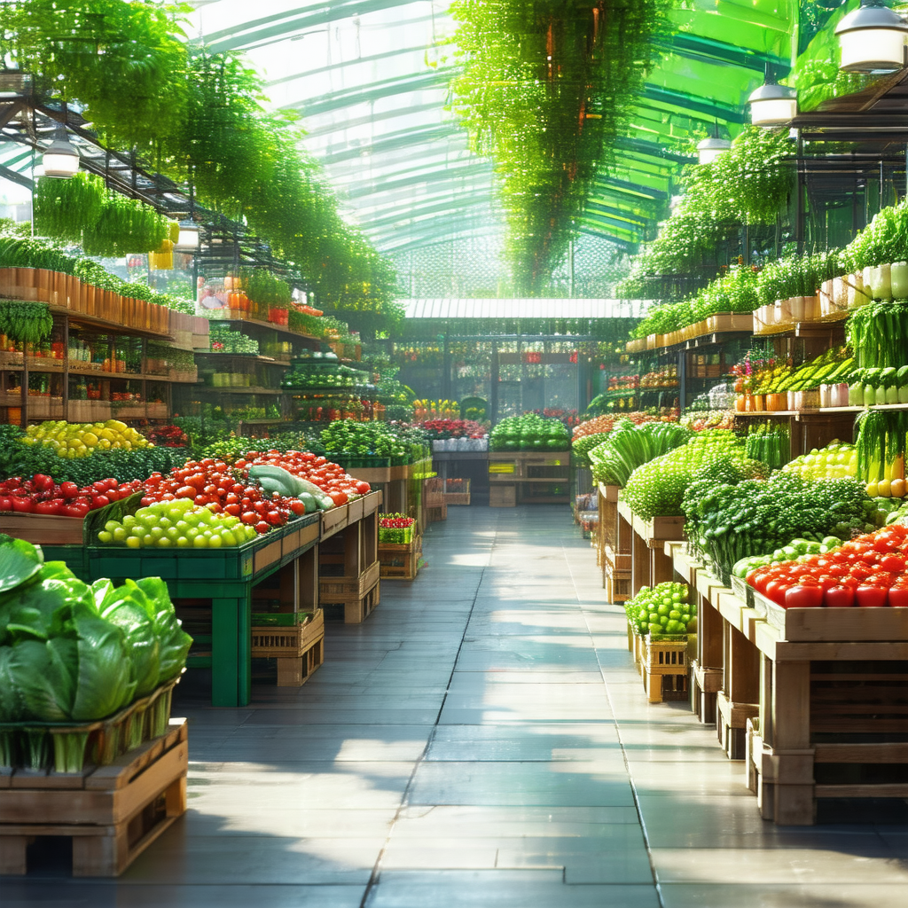 Large, well-lit greenhouse filled with a variety of fresh...