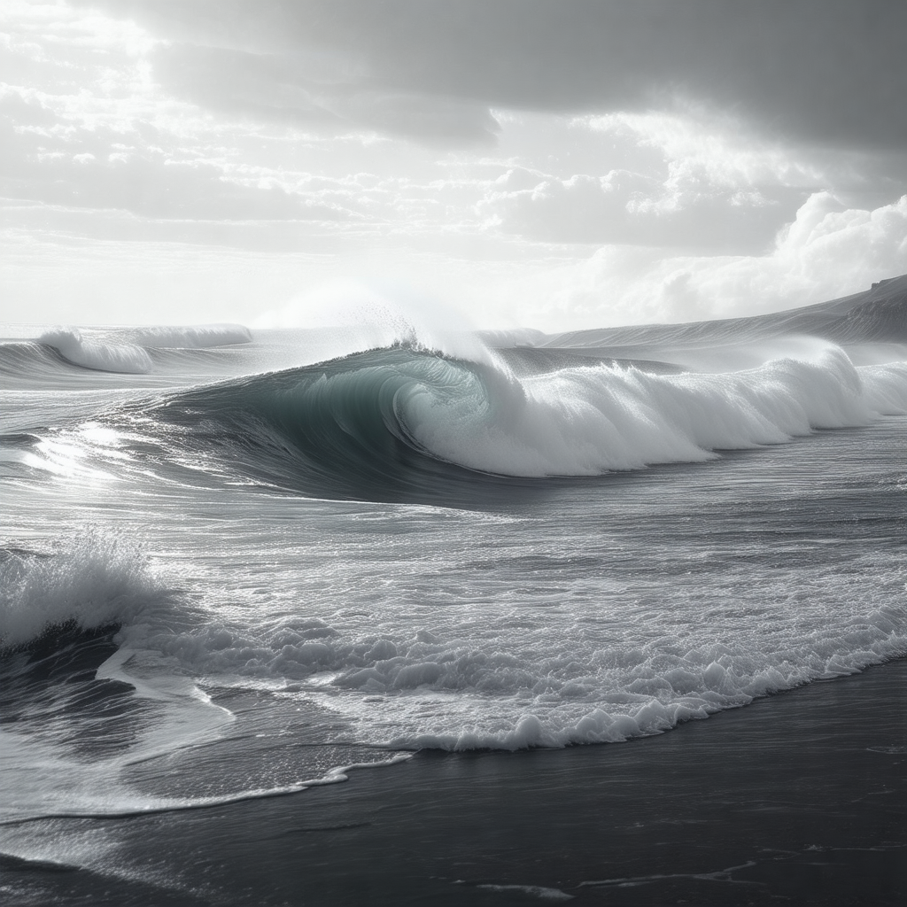 Captures a large wave crashing onto a beach