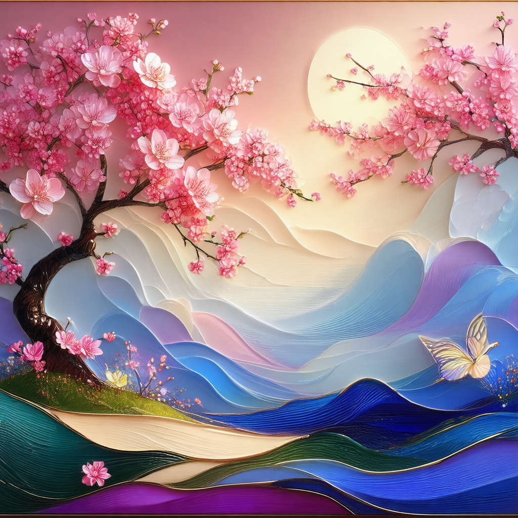 Beautiful painting of a tree with pink flowers, surrounde...