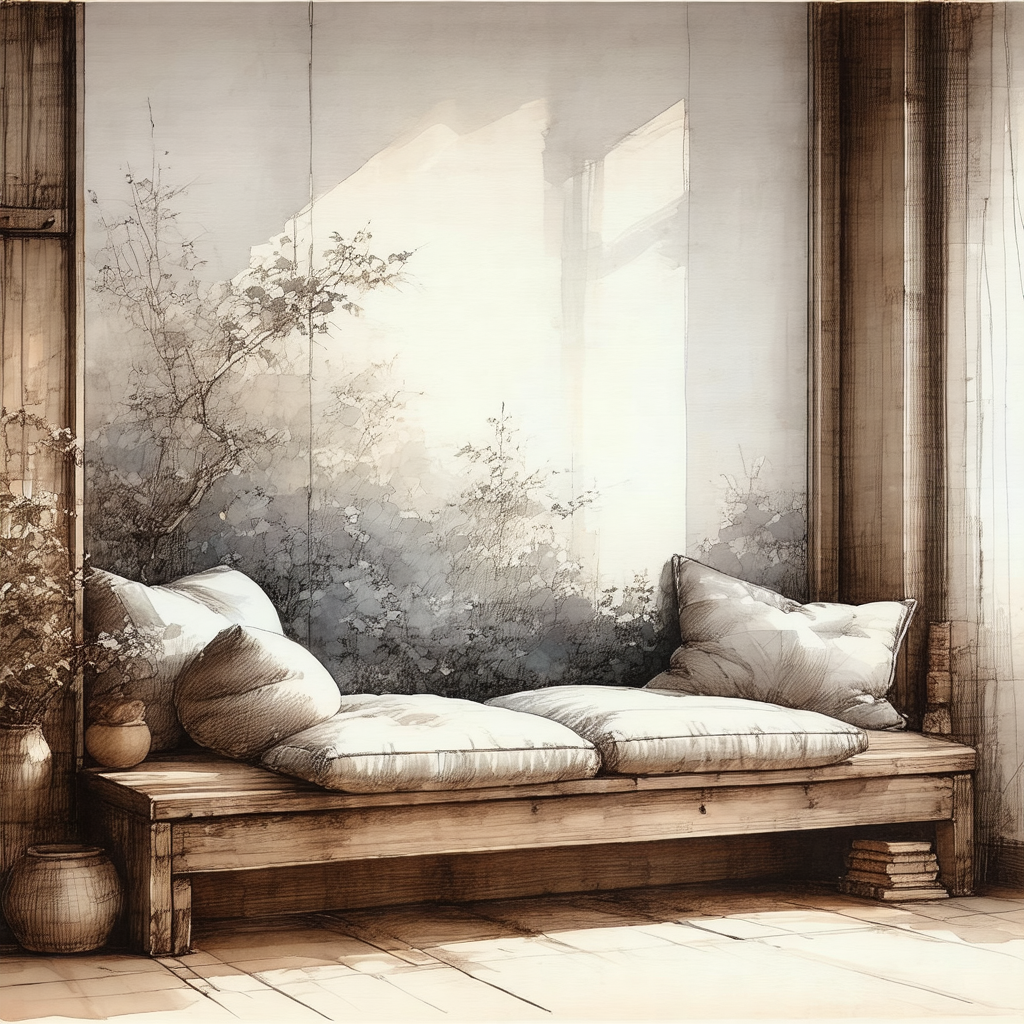 Wooden bench with a white cushion on it, placed in front ...