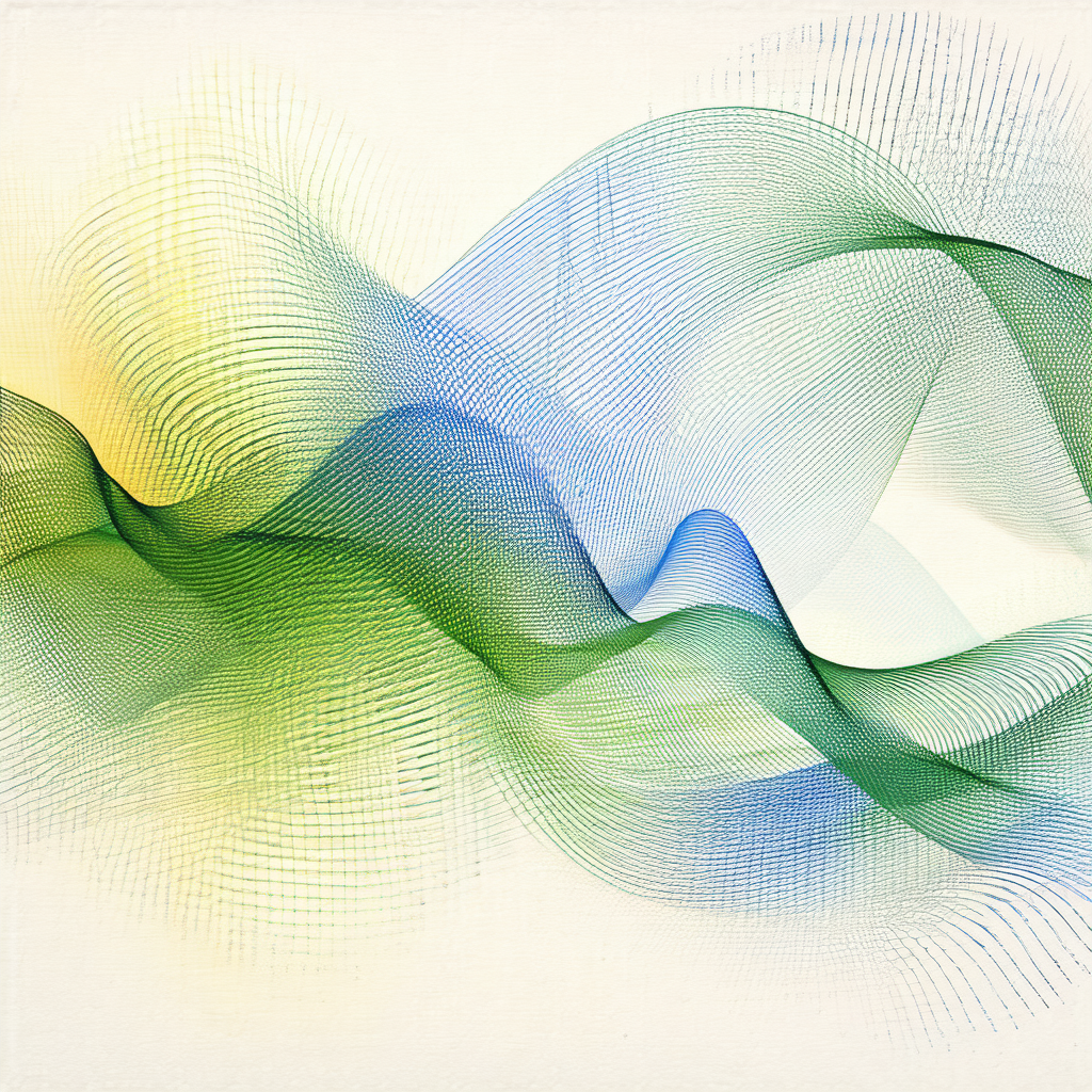 Painting of a wave, featuring a mix of blue, green, and y...