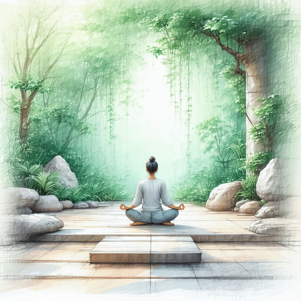 Woman sitting in a lotus position on a stone platform in ...