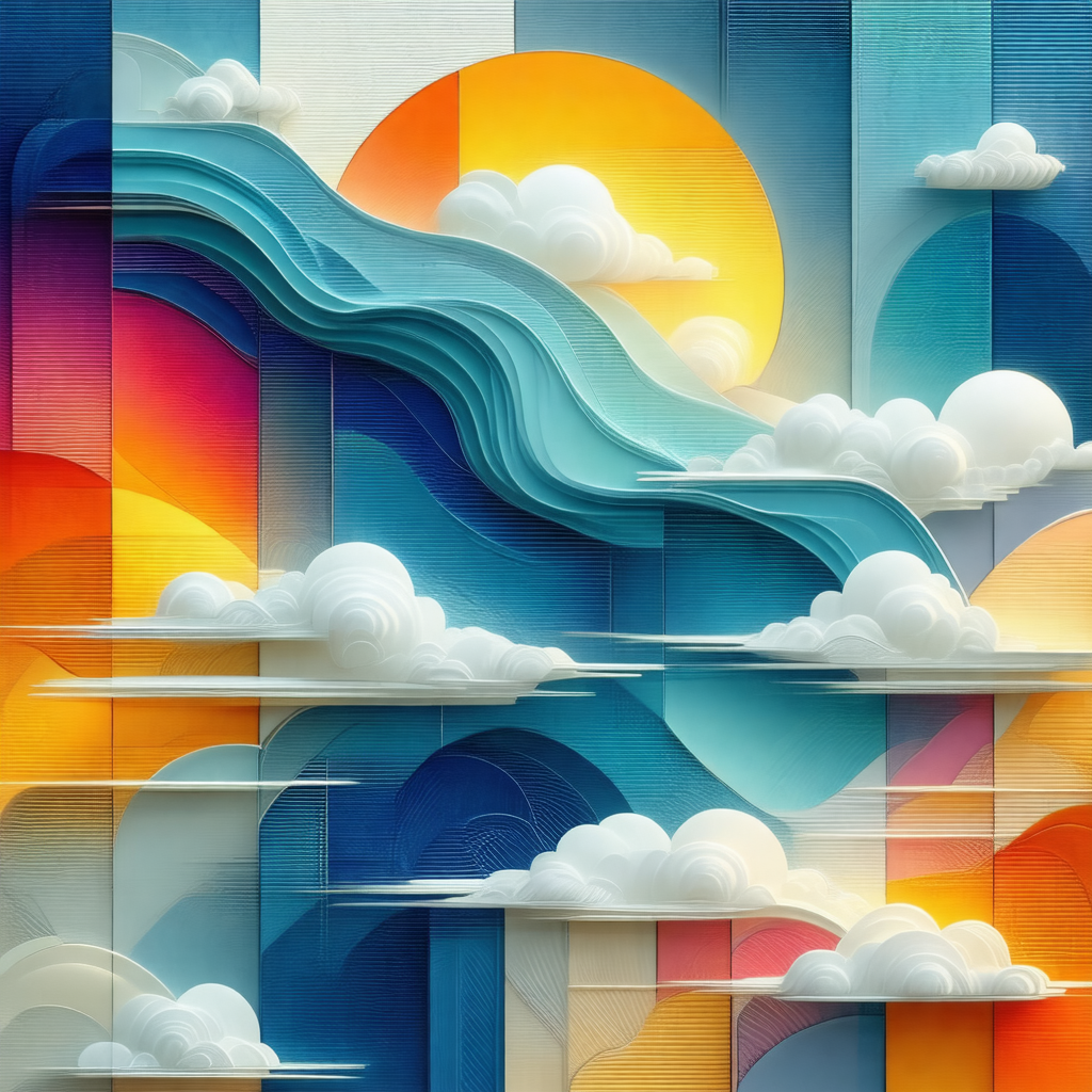 Colorful and vibrant painting of a cloudy sky with a sunset