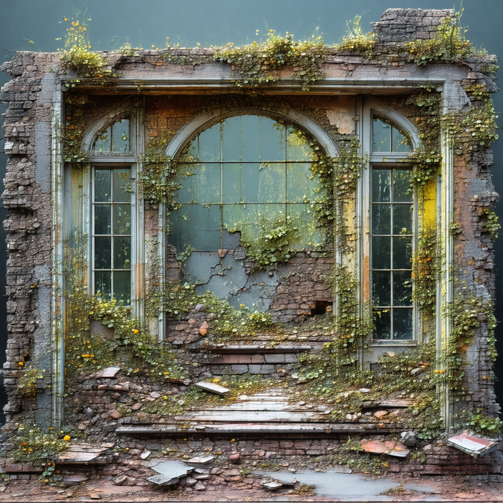 Large, old, and dilapidated building with a broken window