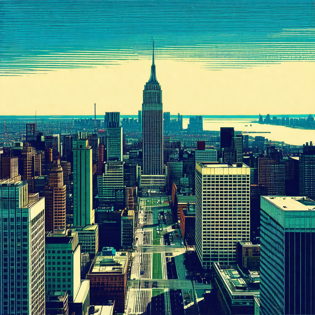 Black and white painting of a cityscape, featuring a larg...