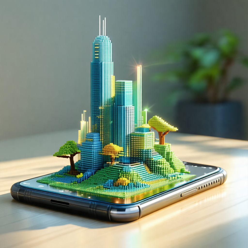 Cell phone with a 3d model of a city displayed on its screen